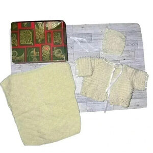 Vintage Handmade Baby Crochet/Knitted Yellow 4 Pc Sweater Booties Bonnet Layette